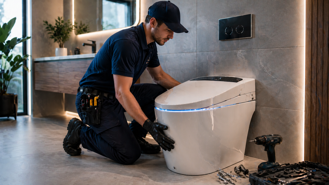Modern toilet being inspected by a plumber